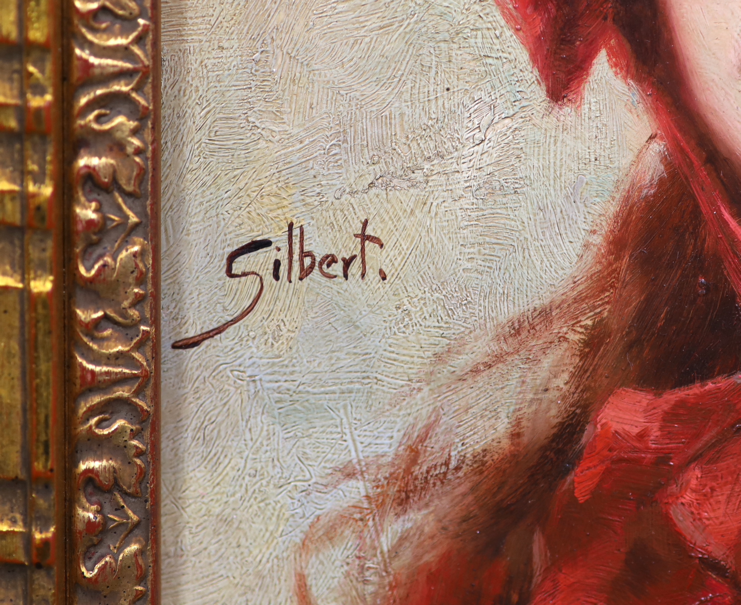 Gilbert, oil, possibly an overpainted print on board, Portrait of a girl wearing a bonnet, signed, 24 x 19cm